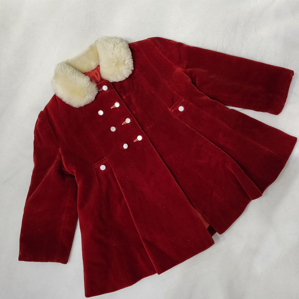 Kids Red Velvet Coat with Faux Fur Collar Vintage Winter Coat